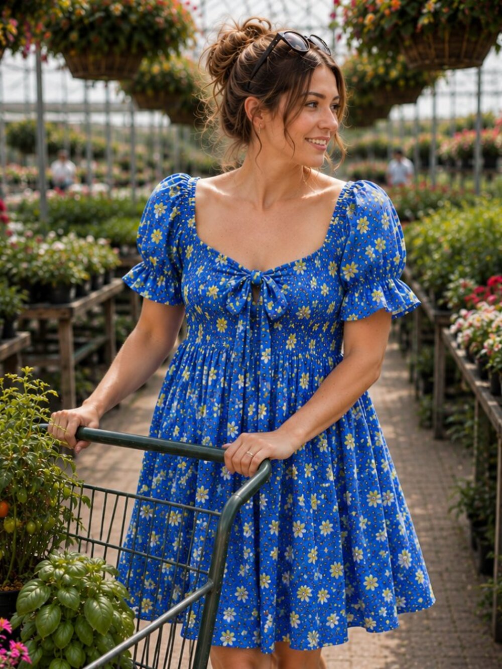 Draper James Jennifer Blue Floral Polka Dot Smocked Mini Dress XS Pockets
